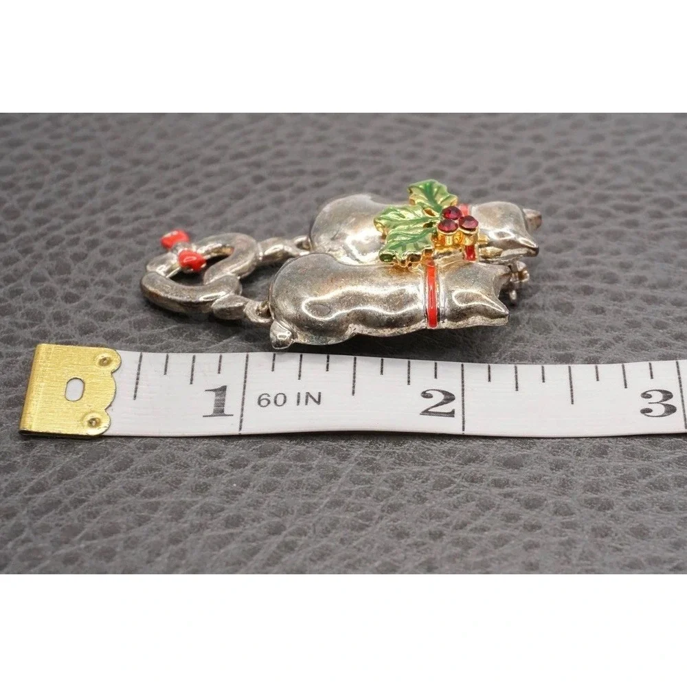 Vintage Cat Brooch Holly Christmas Holiday Pin Rhinestone Enamel Silver Tone